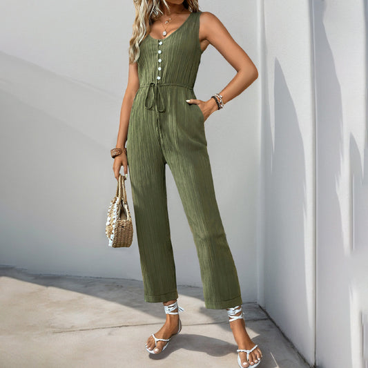 Women's V Neck Sleeveless Jumpsuit With Belt Pockets Casual Style - LAKD London