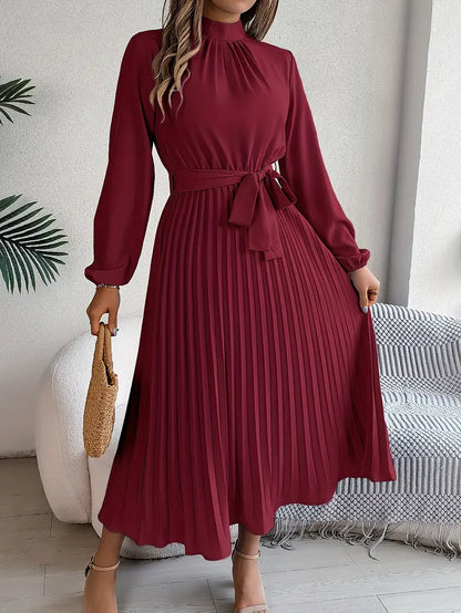 Women's Pleated Midi Belted Long Sleeve Occasion Dress - Relaxed Fit