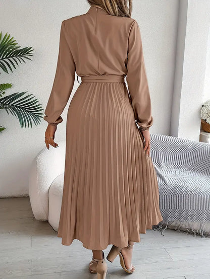 Women's Pleated Midi Belted Long Sleeve Occasion Dress - Relaxed Fit