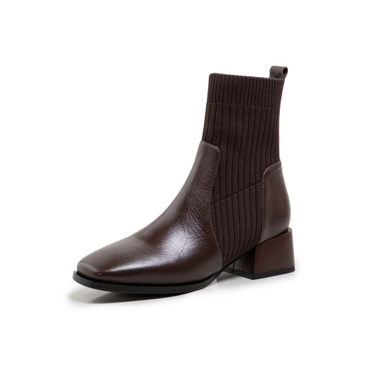 Womens Cowhide Socks Boots | Knitted Thin Square Toe Mid-heel Martin Boots