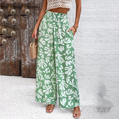 Womens Printed Trousers - Summer Loose Elastic High Waist Straight Pants