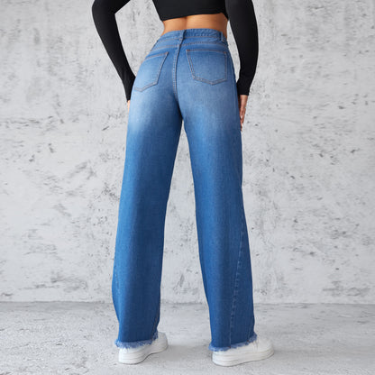 Womens Straight Wide-leg Jeans | Casual High-waist Non-elastic Pants