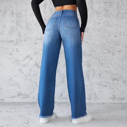 Womens Straight Wide Leg Jeans - Casual High-waist Non-elastic Pants