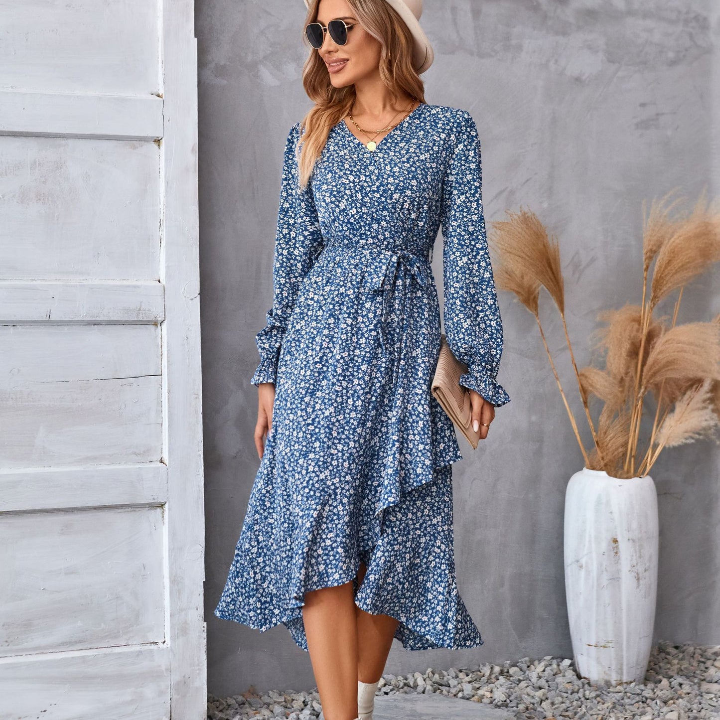 Women's Floral Print Long Sleeve Ruffled Midi Commuter Dress Elegant
