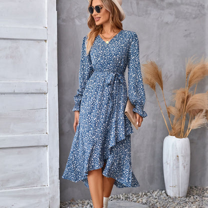 Women's Floral Print Long Sleeve Ruffled Midi Commuter Dress Elegant