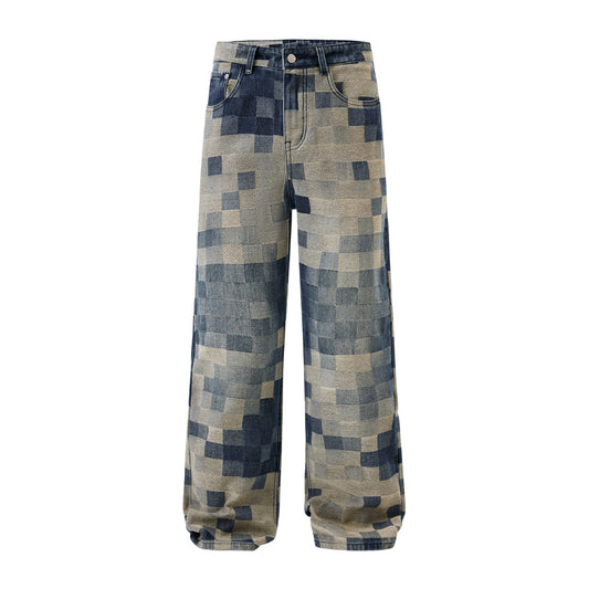 Men's Mosaic Chess Plaid Wide-leg Jeans | Comfortable Casual Pant by LAKD London