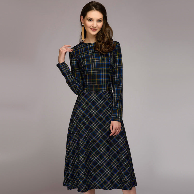 Women's Plaid Elegant Midi Dress Timeless Smart Casual Style Women