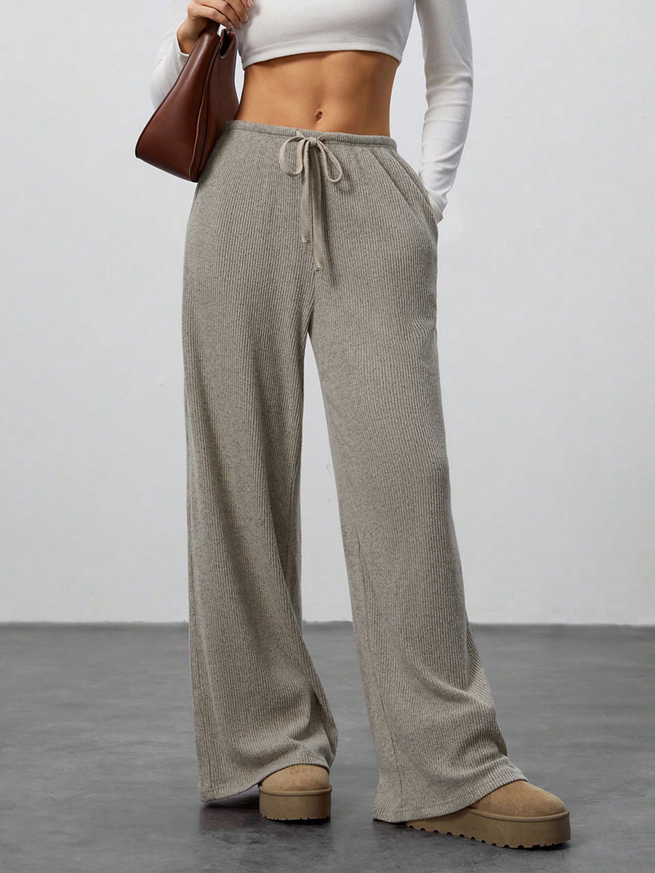 Womens Solid Color Loose Pants - Flowy Drawstring-Waist Wide-Leg Casual Trousers