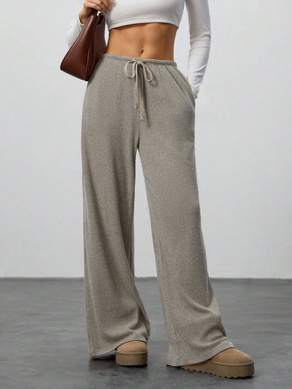 Womens Solid Color Loose Pants - Flowy Drawstring-Waist Wide-Leg Casual Trousers