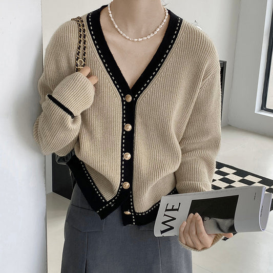 Womens Loose Large V-neck Slimming Bedford Cord Sweater