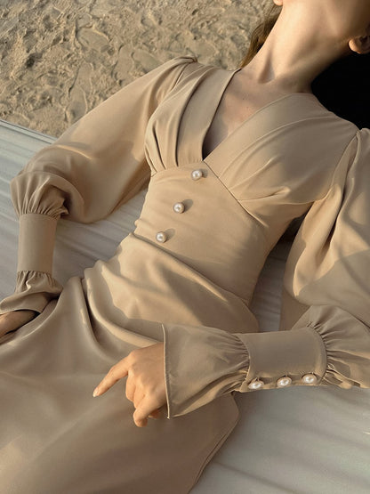 Womens V-neck Midi Dress - Slim Fit Elegant French Chiffon Dress