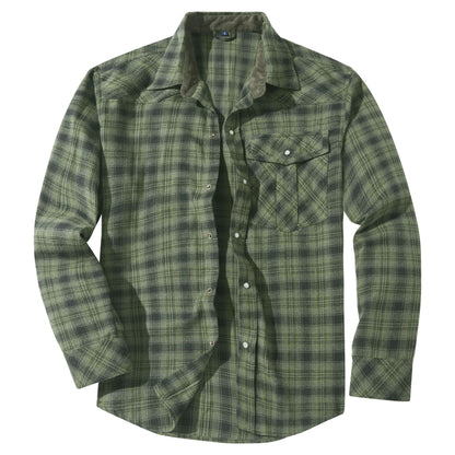 Mens Flannel Plaid Shirt | Retro Pearl Buckle Western Style Long Sleeve Shirt