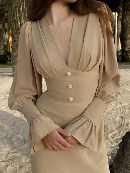 Womens V-neck Midi Dress - Slim Fit Elegant French Chiffon Dress