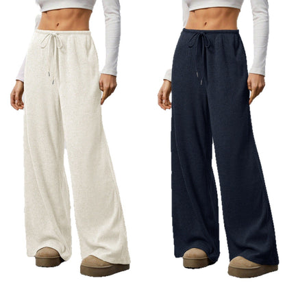 Womens Solid Color Loose Pants - Flowy Drawstring-Waist Wide-Leg Casual Trousers