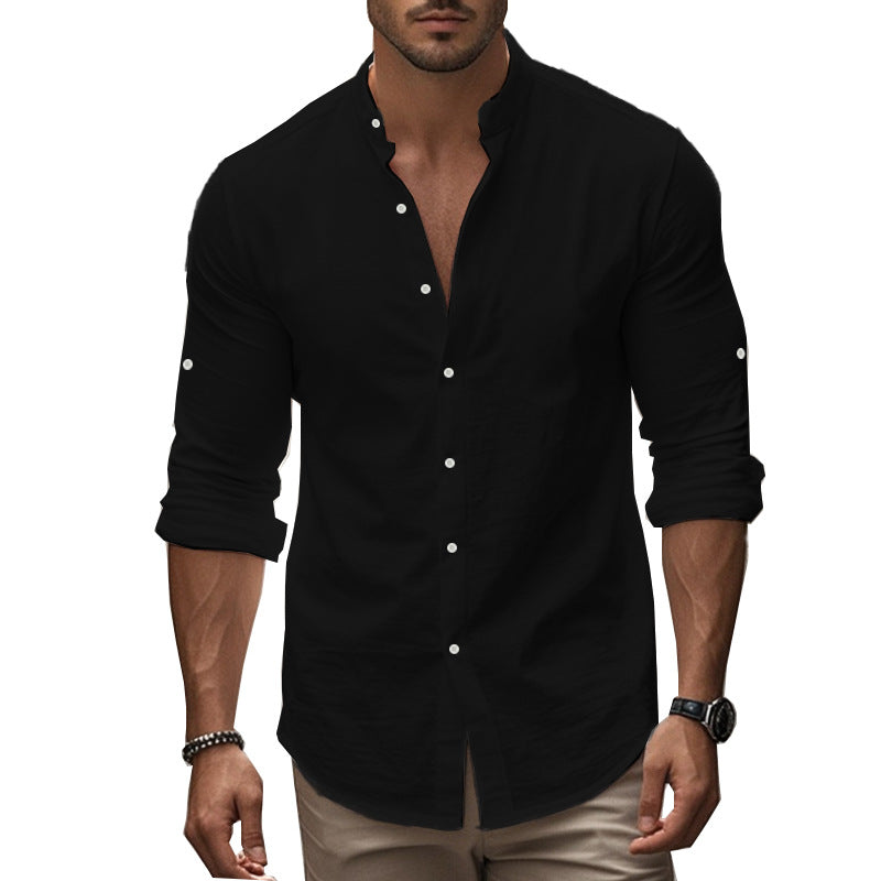 Men's Casual Cotton Standing Collar Long Sleeve Summer Shirt Breathable