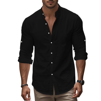 Men's Casual Cotton Standing Collar Long Sleeve Summer Shirt Breathable