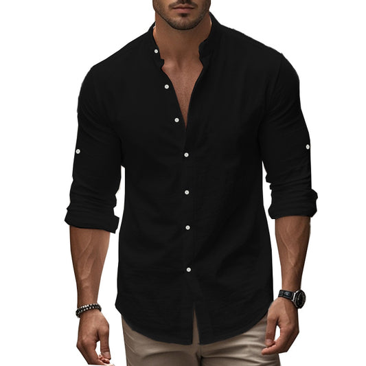 Men's Casual Cotton Standing Collar Long Sleeve Summer Shirt Breathable