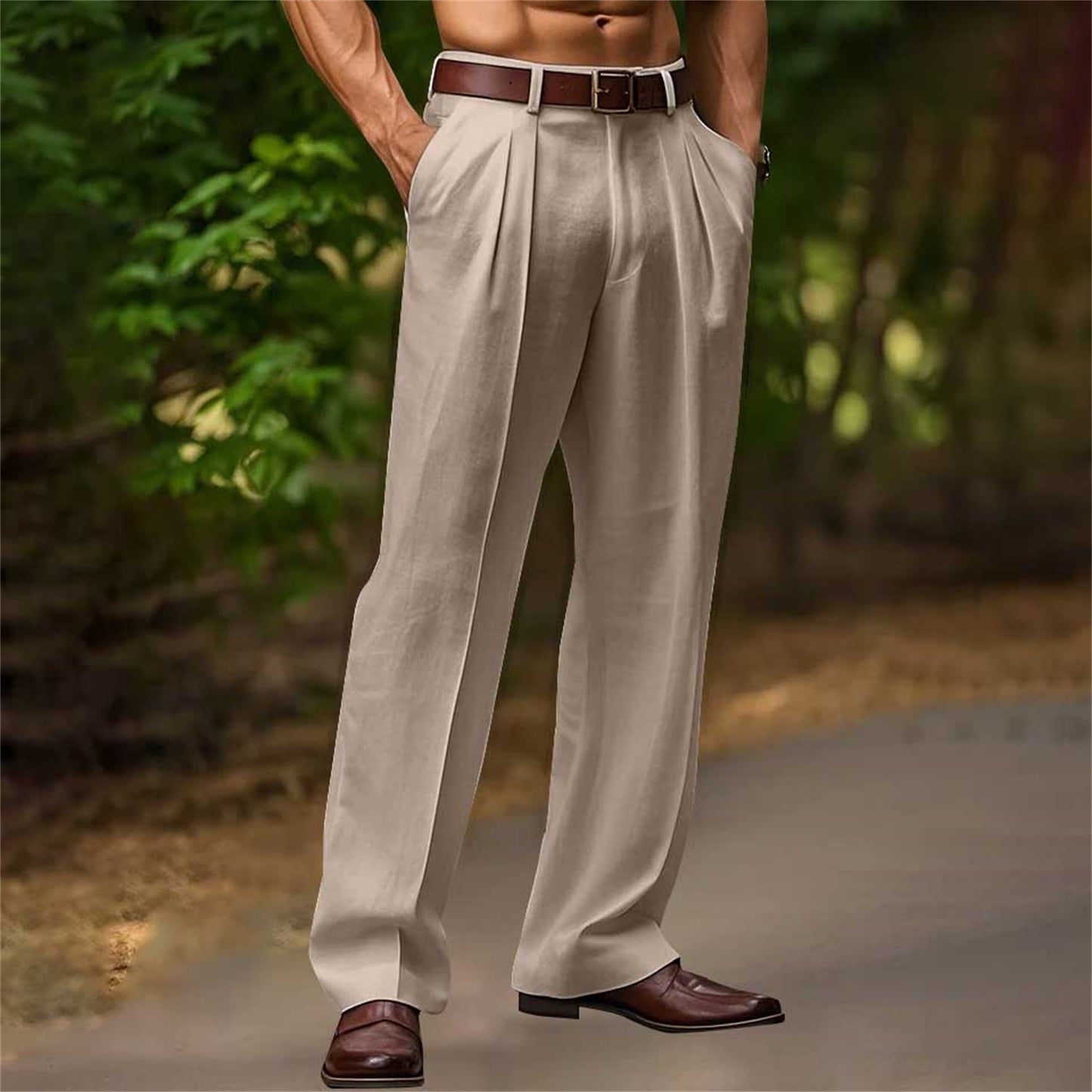 Mens Slant Pockets Trousers Bifold Cotton Solid Color Breathable And Loose Casual Pants