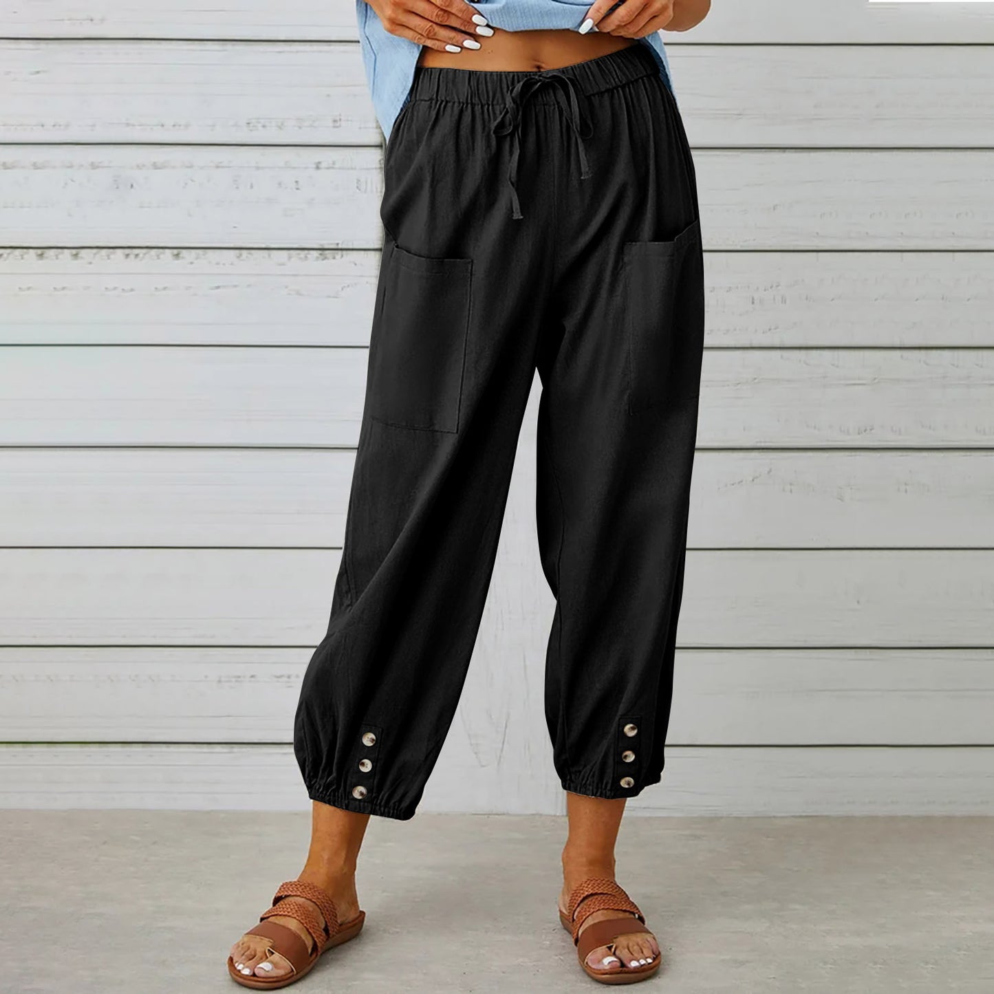 Women Drawstring Tie Pants - Cotton And Linen Trousers With Pockets Button