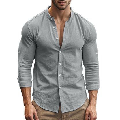 Men's Casual Cotton Standing Collar Long Sleeve Summer Shirt Breathable