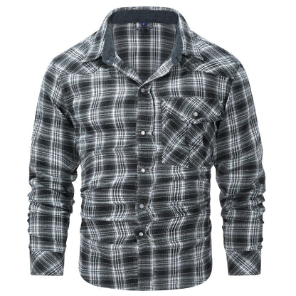 Mens Flannel Plaid Shirt | Retro Pearl Buckle Western Style Long Sleeve Shirt