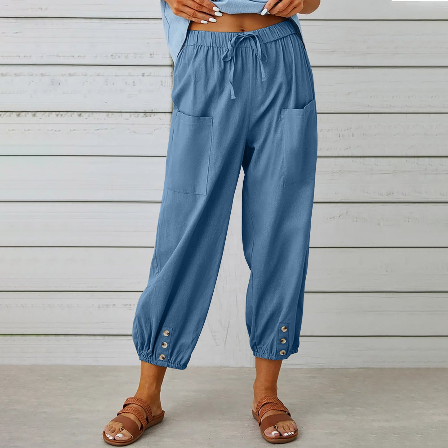 Women Drawstring Tie Pants - Cotton And Linen Trousers With Pockets Button