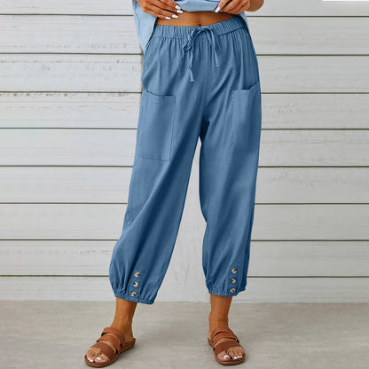 Women Drawstring Tie Pants - Cotton And Linen Trousers With Pockets Button