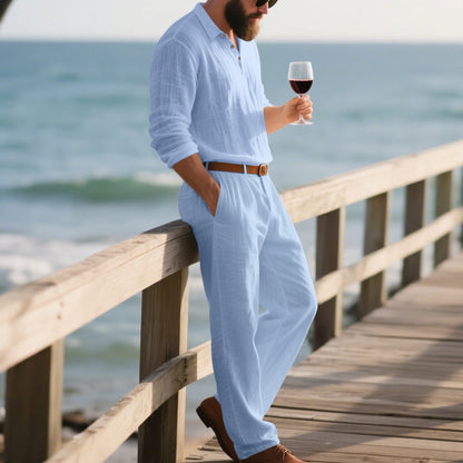 Men's Linen Two-Piece Summer Shirt Trousers Casual Comfortable Set