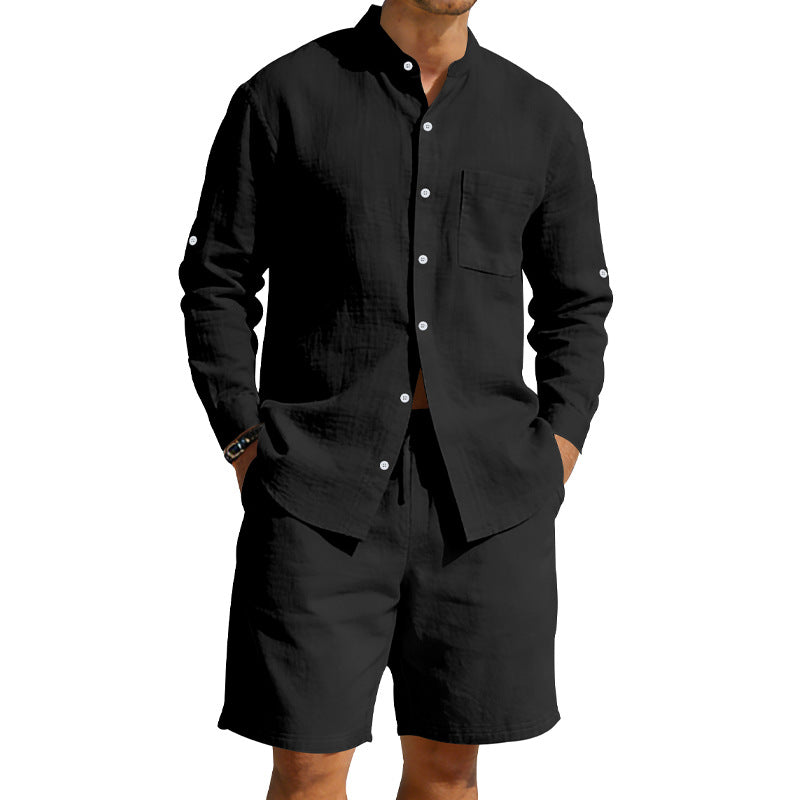 Men's Casual Linen Shirt and Shorts Summer Two Piece Set