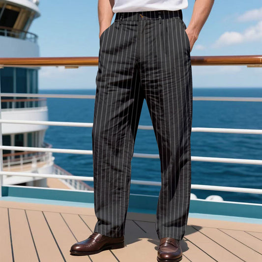 Mens Striped Loose Breathable Casual Cotton Trouser Pants