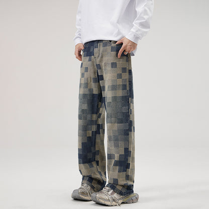 Men's Mosaic Chess Plaid Wide-leg Jeans | Comfortable Casual Pant by LAKD London