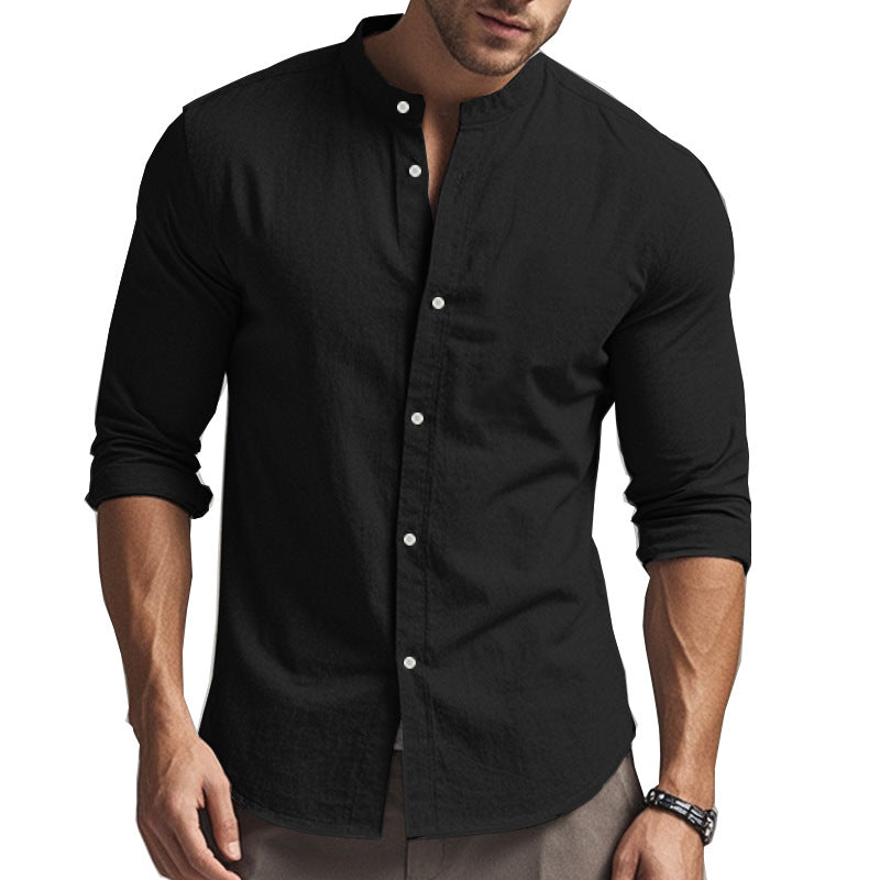 Men's Casual Cotton Standing Collar Long Sleeve Summer Shirt Breathable