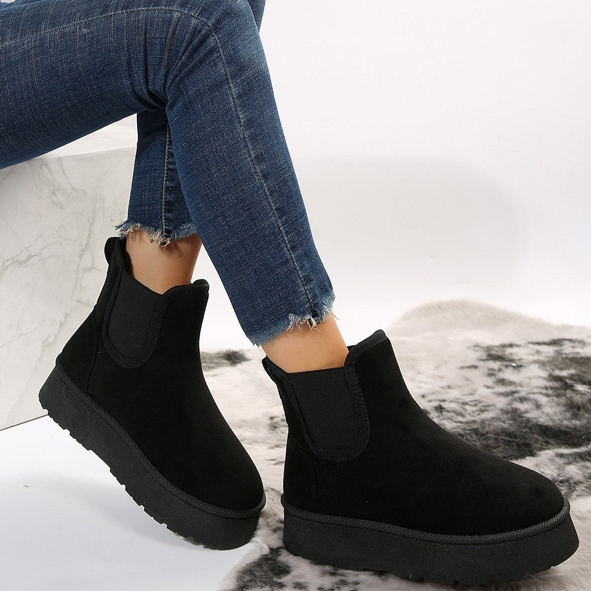 Womens Smoke Pipe Ankle Boots | Thick Bottom Velvet Padded Winter Shoes