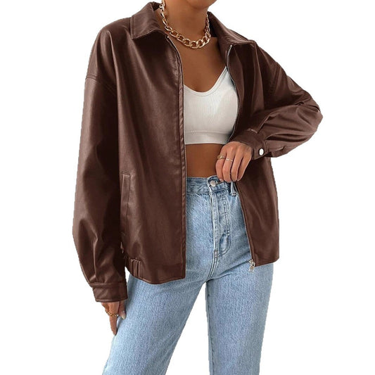 Womens Winter PU Leather Coat | Retro Biker's Long Sleeve Zipper Lapel Jacket