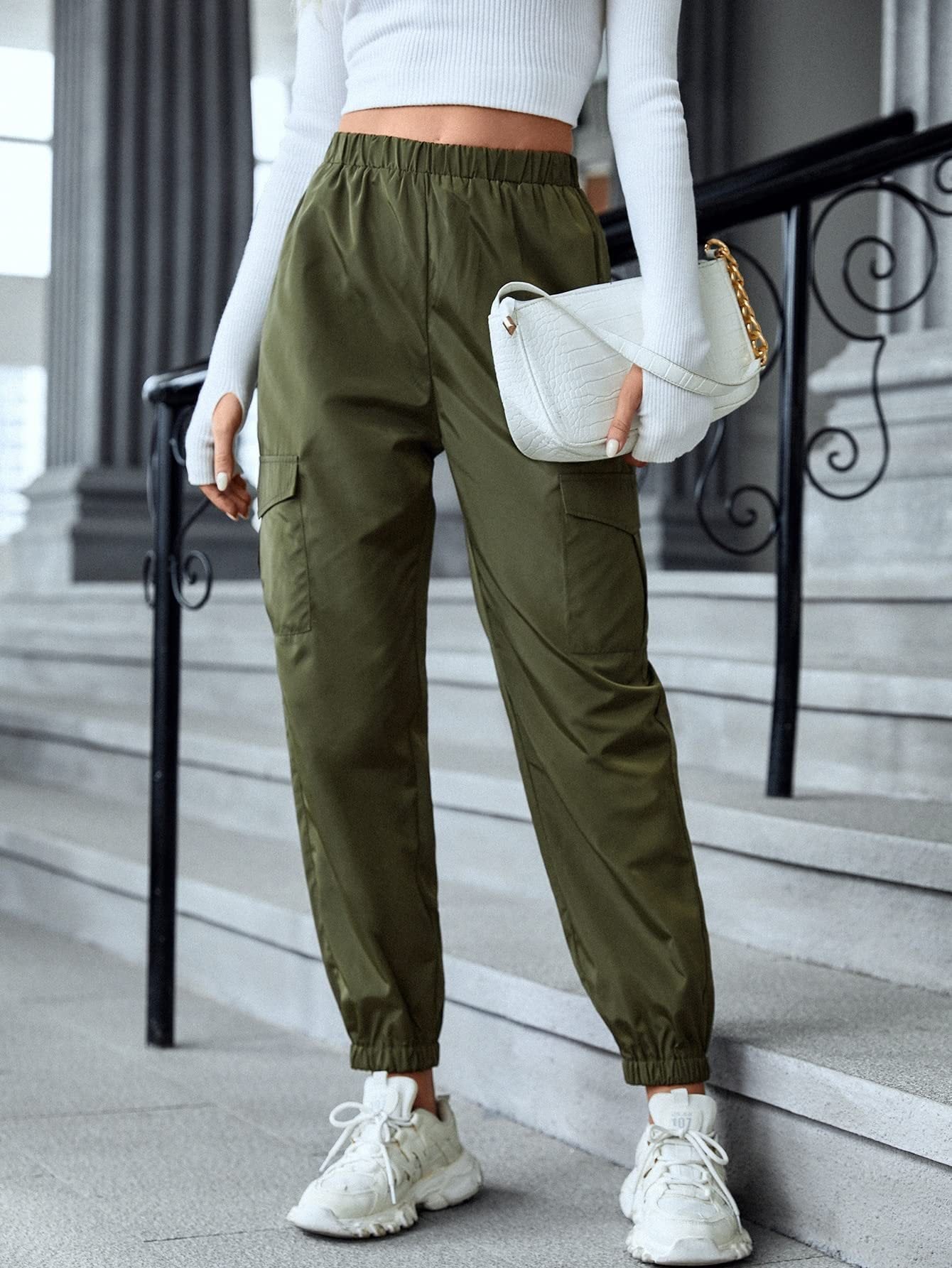 Womens Casual Cargo Pant - Multi-pocket  Elastic Waist Pencil Pants