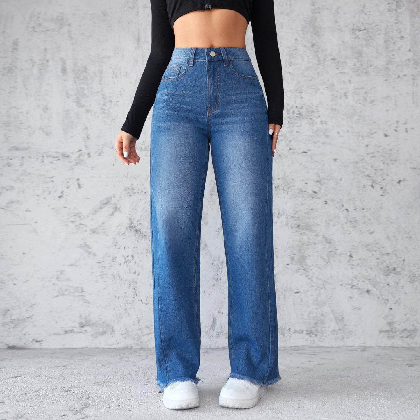 Womens Straight Wide Leg Jeans - Casual High-waist Non-elastic Pants