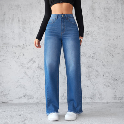 Womens Straight Wide Leg Jeans - Casual High-waist Non-elastic Pants
