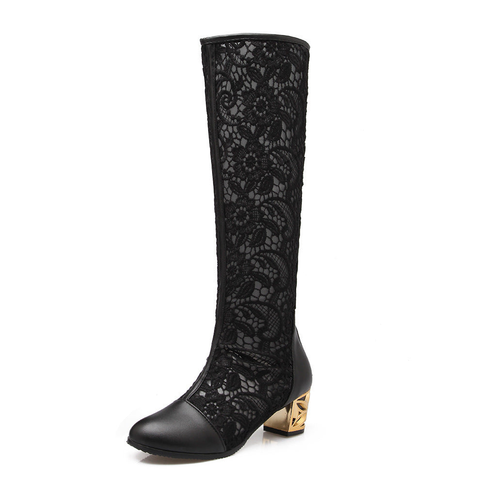 Womens Round Toe Stitching Lace Back-zip Boots | Chunky Heel Women's Sandals - LAKD London