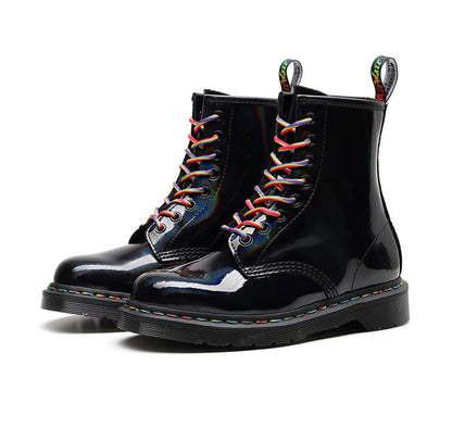 Women's High-top Glossy Martin Boots | Round Head Mirror Laser Military Boots