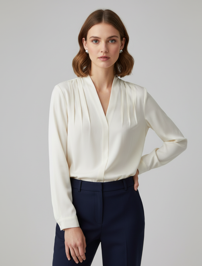 Women's Tailored V Neck Puff Sleeve Blouse Elegant Workwear Top