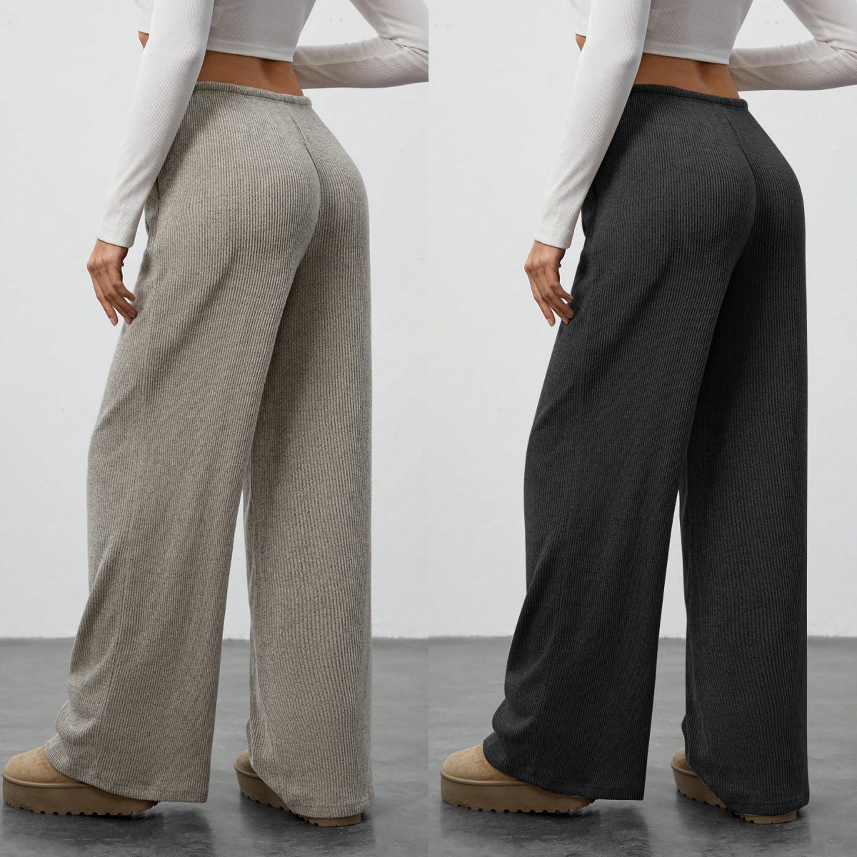 Womens Solid Color Loose Pants - Flowy Drawstring-Waist Wide-Leg Casual Trousers