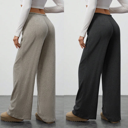 Womens Solid Color Loose Pants - Flowy Drawstring-Waist Wide-Leg Casual Trousers