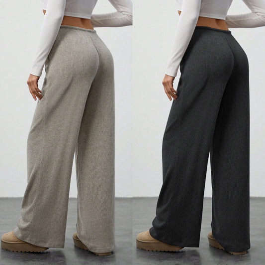 Womens Solid Color Loose Pants - Flowy Drawstring-Waist Wide-Leg Casual Trousers