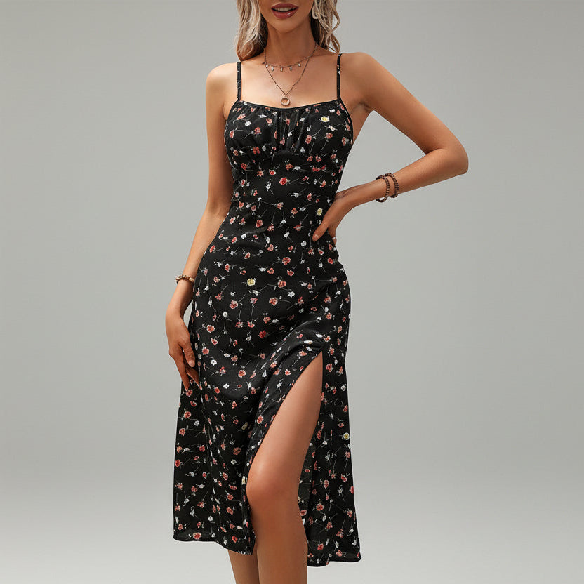 Women's Polka Dot Suspender Split Maxi Dress Elegant Summer Style