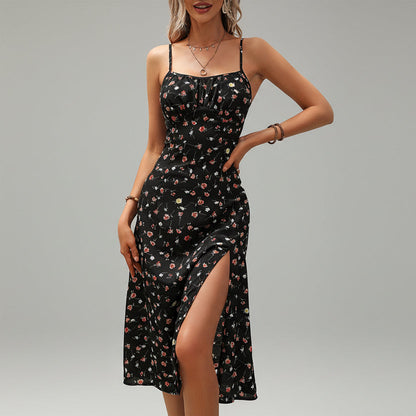 Women's Polka Dot Suspender Split Maxi Dress Elegant Summer Style