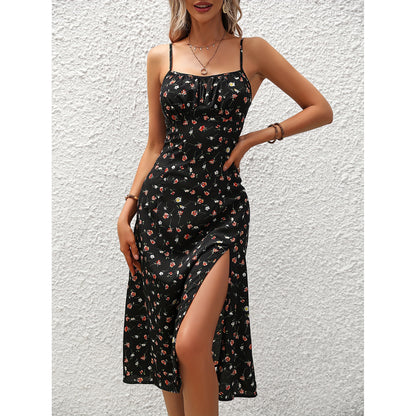 Women's Polka Dot Suspender Split Maxi Dress Elegant Summer Style