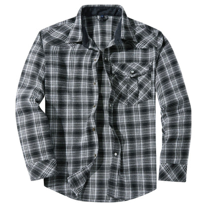 Mens Flannel Plaid Shirt | Retro Pearl Buckle Western Style Long Sleeve Shirt
