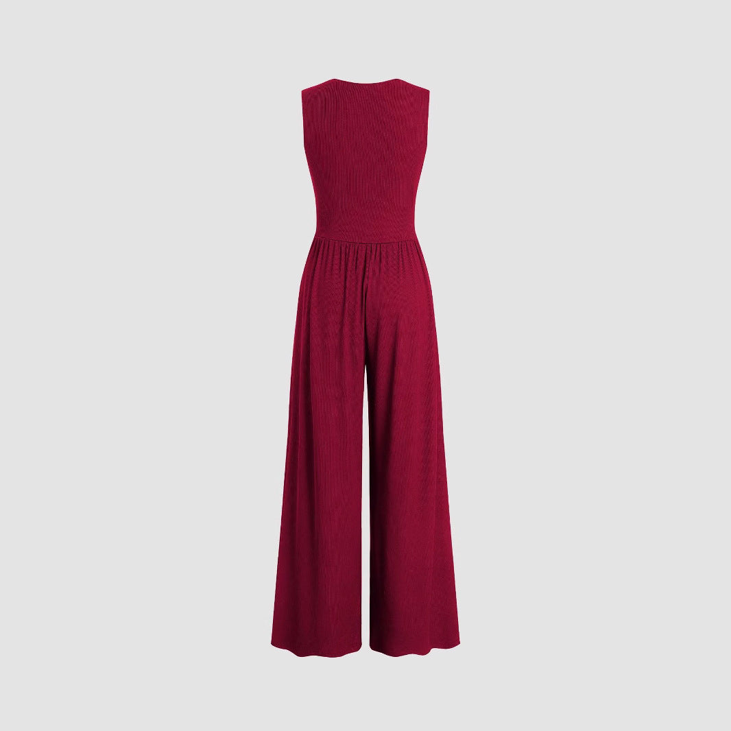 Women's Sleeveless Knitted Midi Jumpsuit Wide Leg Summer Office Style