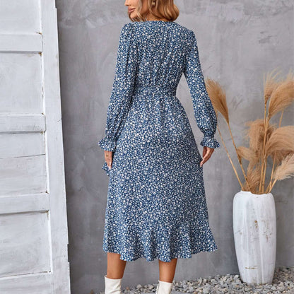 Women's Floral Print Long Sleeve Ruffled Midi Commuter Dress Elegant