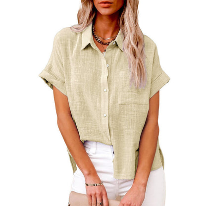 Womens Summer Lapel Short Sleeve Shirt | Solid Color Button Tops - LAKD London